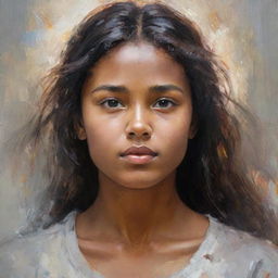 Generate an image of a strong, determined girl surrounded by the aura of her loved ones, symbolizing her strength. Paint her occasional vulnerability through a soft gleam in her eyes.