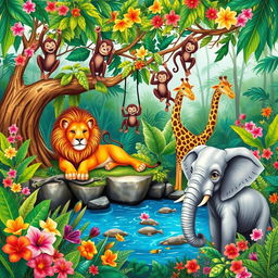 A vibrant and colorful illustration featuring a variety of animals in a lush natural habitat