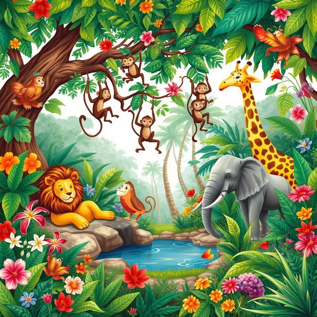 A vibrant and colorful illustration featuring a variety of animals in a lush natural habitat