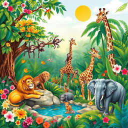 A vibrant and colorful illustration featuring a variety of animals in a lush natural habitat