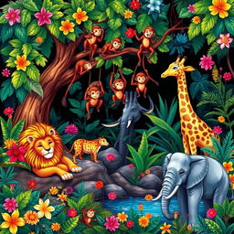 A vibrant and colorful illustration featuring a variety of animals in a lush natural habitat