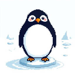 A charming pixel art representation of a cute penguin standing on a patch of ice