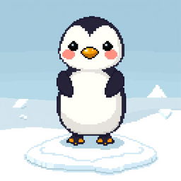 A charming pixel art representation of a cute penguin standing on a patch of ice