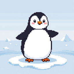 A charming pixel art representation of a cute penguin standing on a patch of ice