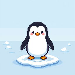 A charming pixel art representation of a cute penguin standing on a patch of ice