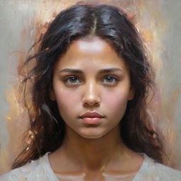 Generate an image of a strong, determined girl surrounded by the aura of her loved ones, symbolizing her strength. Paint her occasional vulnerability through a soft gleam in her eyes.