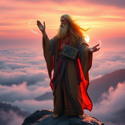 A captivating and mystical prophet figure standing atop a mountain, overlooking a valley shrouded in mist