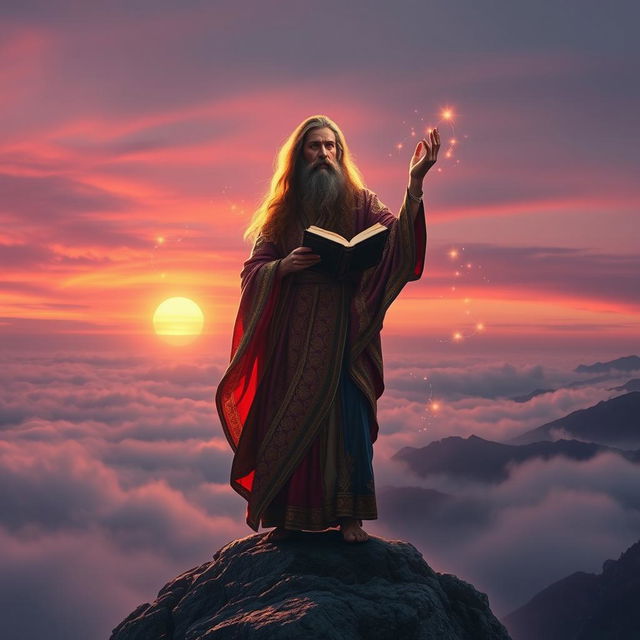 A captivating and mystical prophet figure standing atop a mountain, overlooking a valley shrouded in mist