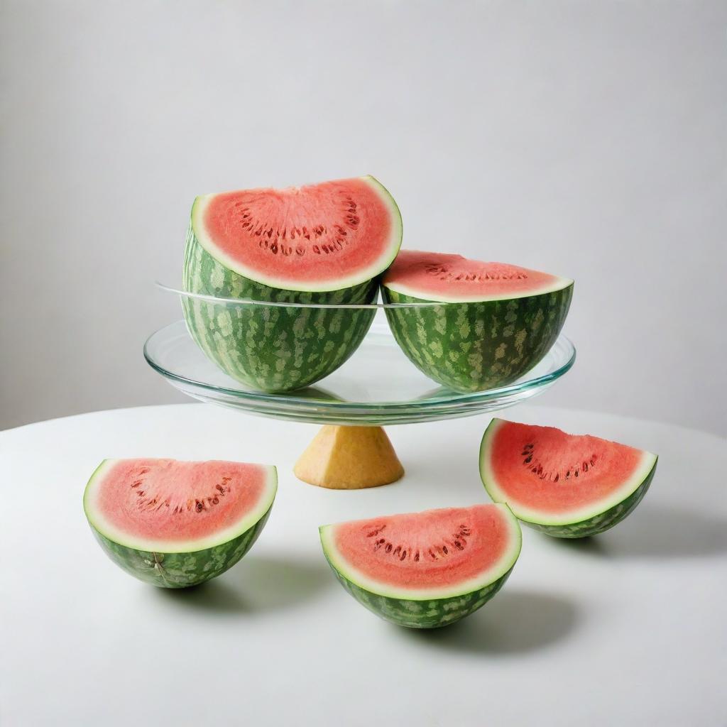 A pristine, sparkling white room with a crystal clear table. Arranged on it are two fresh, vibrant melons - one watermelon and one cantaloupe, their contrasting green and orange hues making a striking impact against the white background.