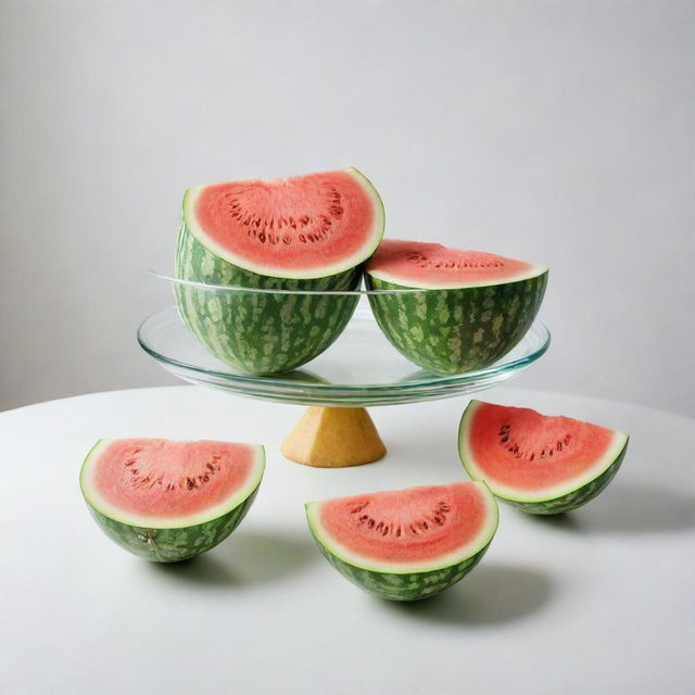 A pristine, sparkling white room with a crystal clear table. Arranged on it are two fresh, vibrant melons - one watermelon and one cantaloupe, their contrasting green and orange hues making a striking impact against the white background.