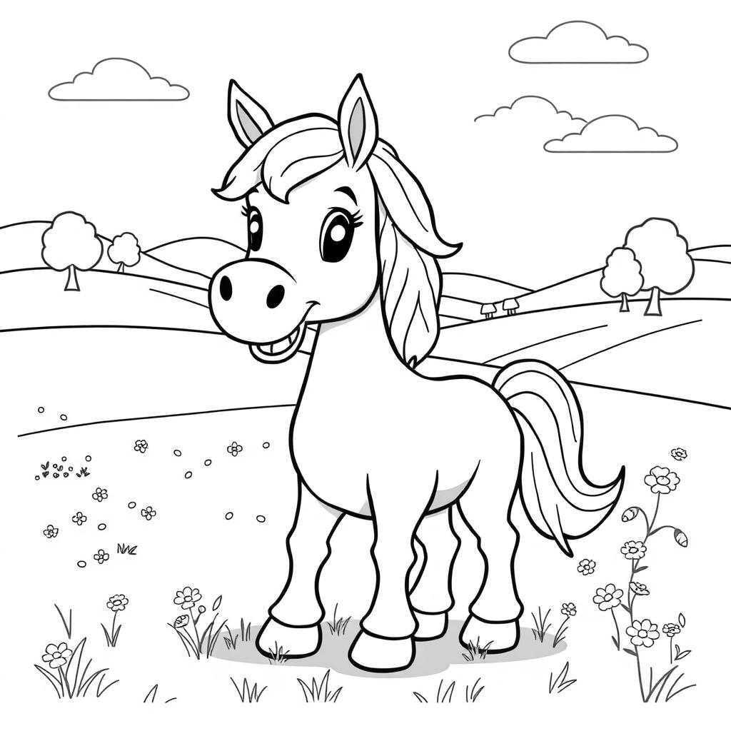 A line art illustration of a cute and friendly horse with a joyful expression, standing in a spacious field while eating grass