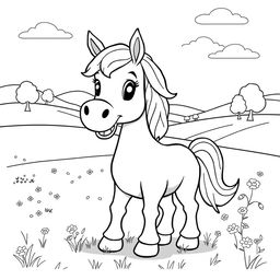 A line art illustration of a cute and friendly horse with a joyful expression, standing in a spacious field while eating grass