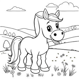 A line art illustration of a cute and friendly horse with a joyful expression, standing in a spacious field while eating grass