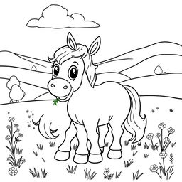 A line art illustration of a cute and friendly horse with a joyful expression, standing in a spacious field while eating grass