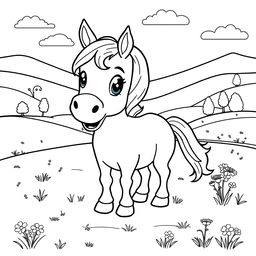 A line art illustration of a cute and friendly horse with a joyful expression, standing in a spacious field while eating grass