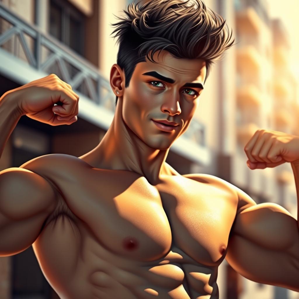 A close-up, artistic rendering of a muscular young man with an athletic build, showcasing his toned arms and defined chest