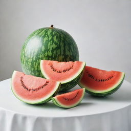 A pristine, sparkling white room with a crystal clear table. Arranged on it are two fresh, vibrant melons - one watermelon and one cantaloupe, their contrasting green and orange hues making a striking impact against the white background.