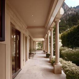 A large, exquisite portico leading to a state-of-the-art veranda with refined architectural details and elegant outdoor furnishings.