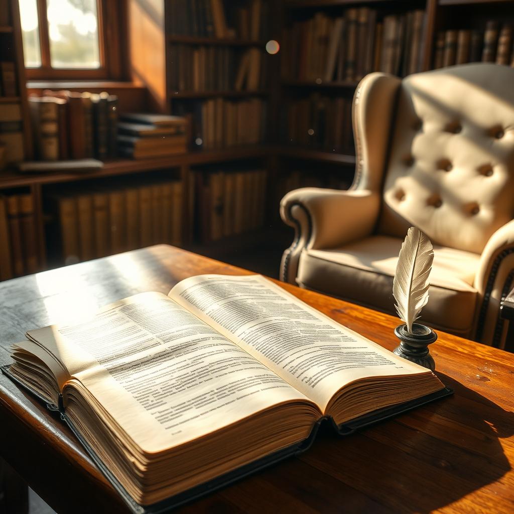 The Bible open on a wooden table, pages slightly yellowed with age, the sunlight streaming in through a nearby window, illuminating the text with a warm glow