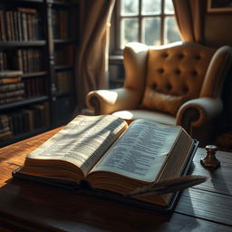 The Bible open on a wooden table, pages slightly yellowed with age, the sunlight streaming in through a nearby window, illuminating the text with a warm glow