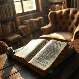 The Bible open on a wooden table, pages slightly yellowed with age, the sunlight streaming in through a nearby window, illuminating the text with a warm glow