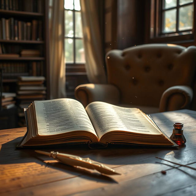 The Bible open on a wooden table, pages slightly yellowed with age, the sunlight streaming in through a nearby window, illuminating the text with a warm glow