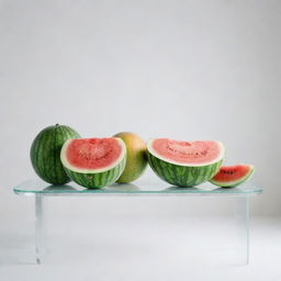 A pristine, sparkling white room with a crystal clear table. Arranged on it are two fresh, vibrant melons - one watermelon and one cantaloupe, their contrasting green and orange hues making a striking impact against the white background.