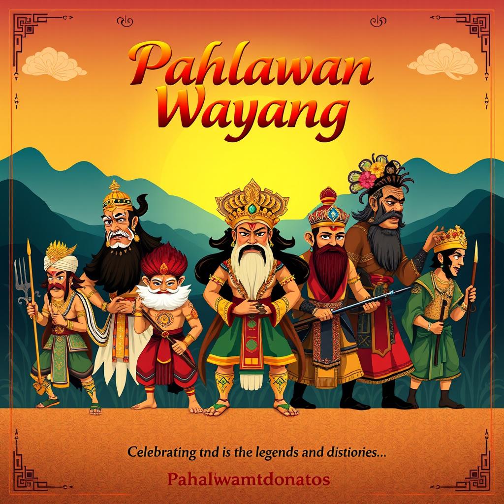 A colorful and artistic poster featuring 11 male characters from traditional Indonesian Wayang theater, showcasing their unique designs and cultural significance