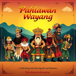 A colorful and artistic poster featuring 11 male characters from traditional Indonesian Wayang theater, showcasing their unique designs and cultural significance