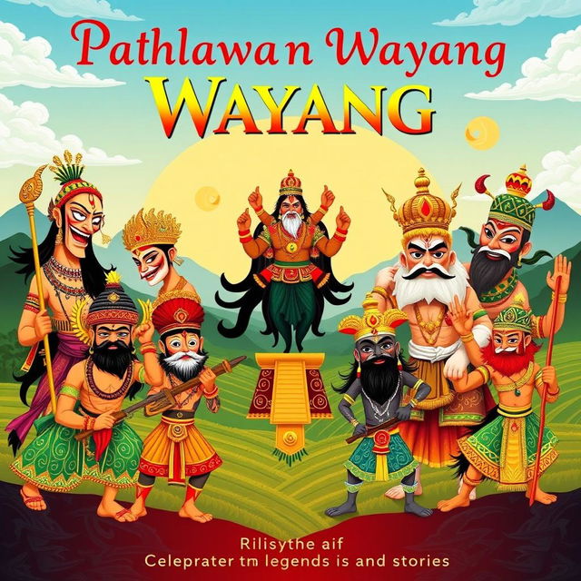 A colorful and artistic poster featuring 11 male characters from traditional Indonesian Wayang theater, showcasing their unique designs and cultural significance