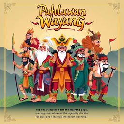 A colorful and artistic poster featuring 11 male characters from traditional Indonesian Wayang theater, showcasing their unique designs and cultural significance