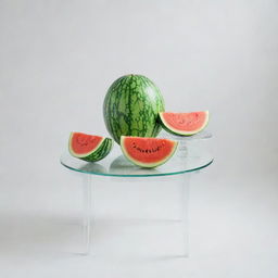 A pristine, sparkling white room with a crystal clear table. Arranged on it are two fresh, vibrant melons - one watermelon and one cantaloupe, their contrasting green and orange hues making a striking impact against the white background.