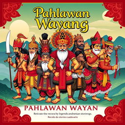 A colorful and artistic poster featuring 11 male characters from traditional Indonesian Wayang theater, showcasing their unique designs and cultural significance