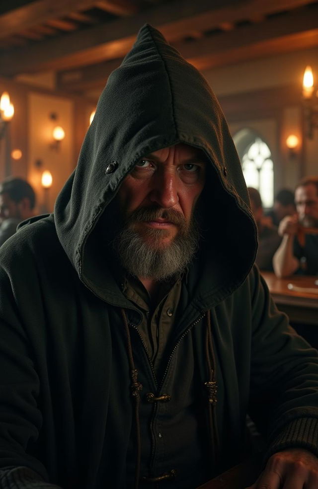 A hyper-realistic live action portrayal of Bill Ferny from Lord of the Rings, depicted in a fantasy tavern setting