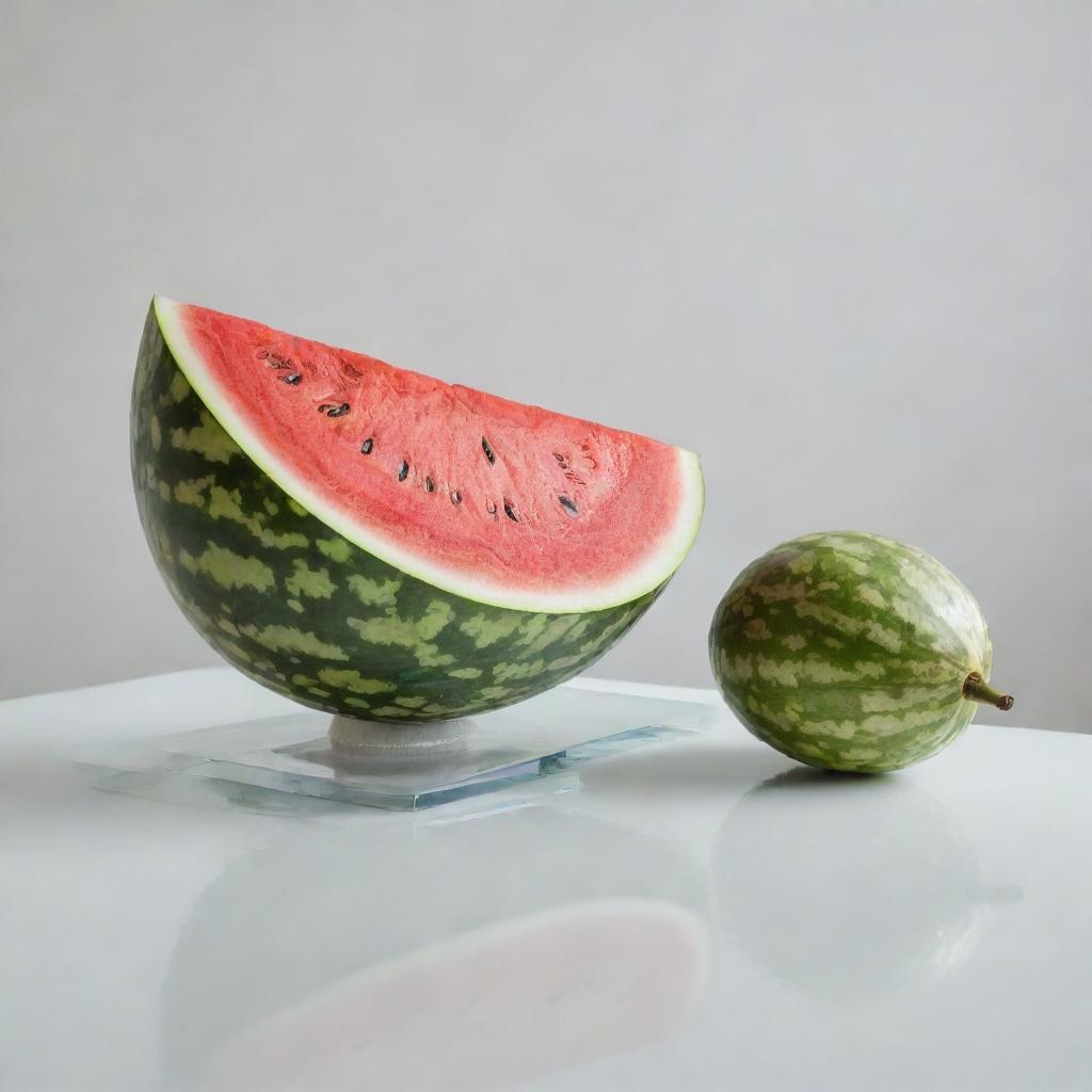 A pure, immaculate white room complemented by the vibrant pop of a juicy watermelon and the unique texture of a durian fruit resting on a pristine glass table, offering a delightful contrast.