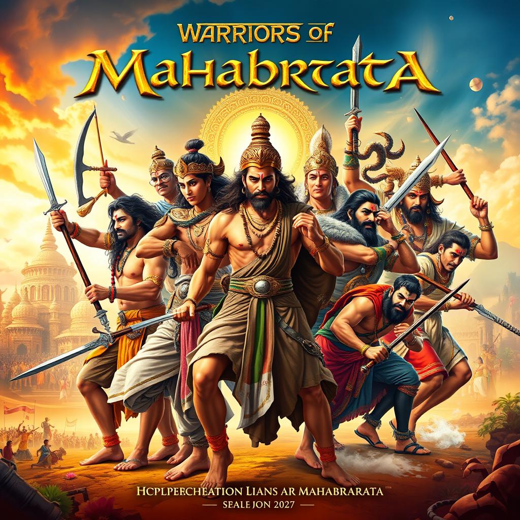 A vibrant and intricate poster showcasing 11 male characters from the epic Mahabharata, each depicted in dynamic poses that capture their unique attributes and stories