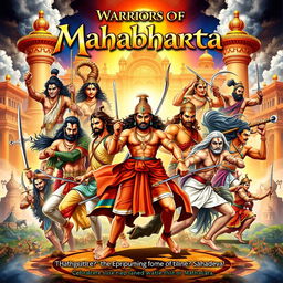 A vibrant and intricate poster showcasing 11 male characters from the epic Mahabharata, each depicted in dynamic poses that capture their unique attributes and stories