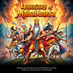 A vibrant and intricate poster showcasing 11 male characters from the epic Mahabharata, each depicted in dynamic poses that capture their unique attributes and stories