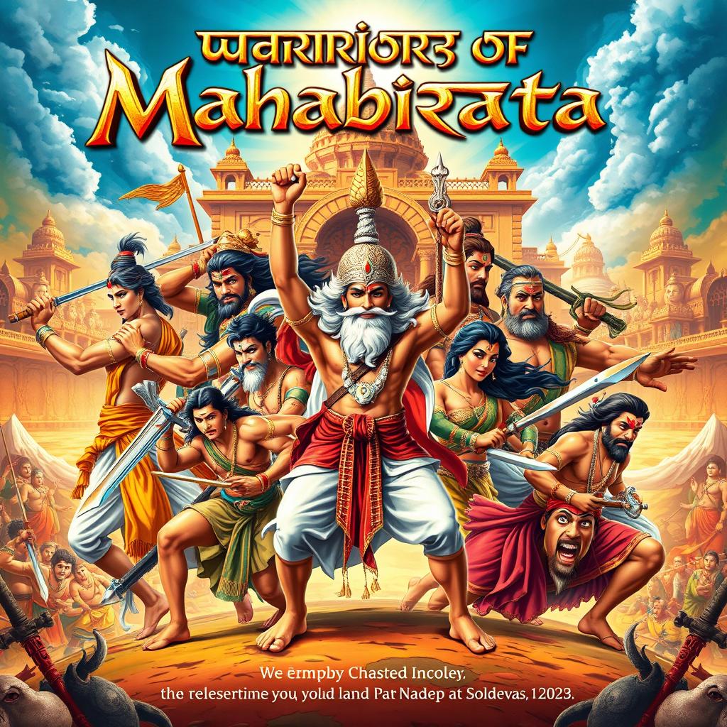 A vibrant and intricate poster showcasing 11 male characters from the epic Mahabharata, each depicted in dynamic poses that capture their unique attributes and stories