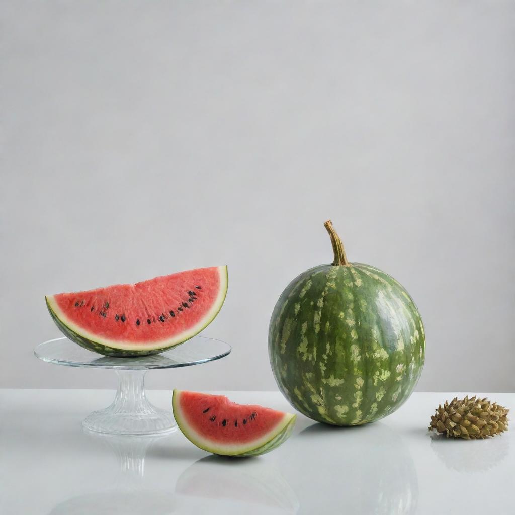 A pure, immaculate white room complemented by the vibrant pop of a juicy watermelon and the unique texture of a durian fruit resting on a pristine glass table, offering a delightful contrast.