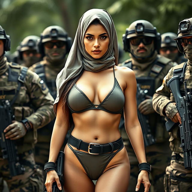 A striking image of a confident woman wearing a skimpy two-piece bikini that features a unique one-shoulder top and high-neck design, complemented by a fashionable hijab that reflects modesty with Islamic vibes