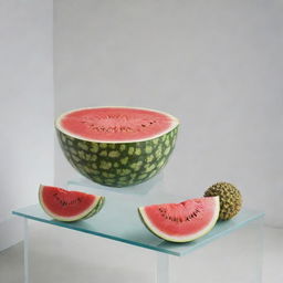 A pure, immaculate white room complemented by the vibrant pop of a juicy watermelon and the unique texture of a durian fruit resting on a pristine glass table, offering a delightful contrast.