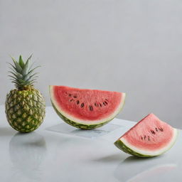 A pure, immaculate white room complemented by the vibrant pop of a juicy watermelon and the unique texture of a durian fruit resting on a pristine glass table, offering a delightful contrast.