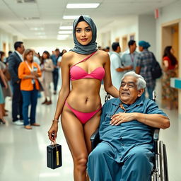 A hospital scene featuring a diverse group of people with several standing around