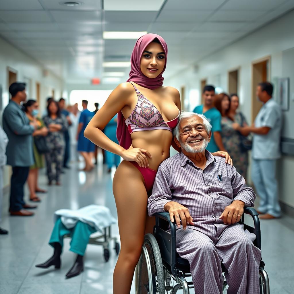 A hospital scene featuring a diverse group of people with several standing around