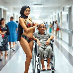 A slim woman in a skimpy two-piece swimsuit with one-shoulder top and high-neck design, featuring Islamic vibes wearing a hijab, standing next to an elderly man in a wheelchair in a hospital corridor