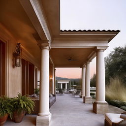 A large, exquisite portico leading to a state-of-the-art veranda with refined architectural details and elegant outdoor furnishings.