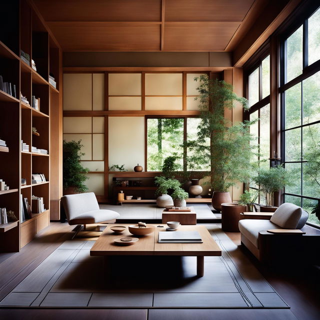 Magazine-quality photograph of a Japandi minimalist interior design cross-section with natural light, minimalist furniture, and earthy tones.