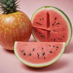 Two fruits, a juicy, bright red watermelon, split open revealing its refreshing flesh, and a ripe, golden pineapple, cut in half to show its sweet interior, beautifully contrasted against each other.