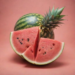 Two fruits, a juicy, bright red watermelon, split open revealing its refreshing flesh, and a ripe, golden pineapple, cut in half to show its sweet interior, beautifully contrasted against each other.